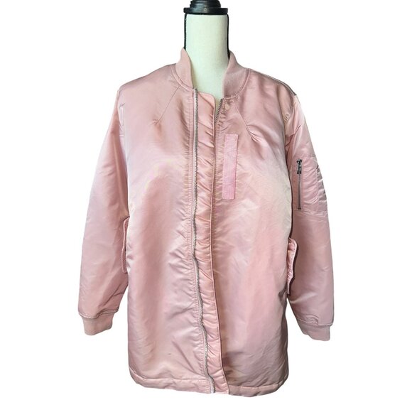 SOHO BABE Bomber Jacket Pink Longline Bomber Ribbed Collar & Cuffs Pockets Large - Picture 6 of 8